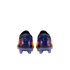 Rear view of two soccer cleats with dark blue, pink, and yellow patterns and translucent light blue studs.