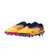 A pair of Nike soccer cleats with a yellow, orange, and navy blue gradient upper and purple soles, set against a solid black background.