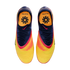 Top-down view of a pair of vibrant yellow, orange, and blue Nike Phantom football boots against a black background.