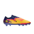 A Nike Phantom GX soccer cleat with a yellow and orange textured upper, pink accents, a navy blue collar, and purple studs against a black background.