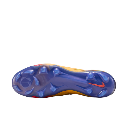 The bottom soleplate of a Nike soccer cleat with translucent blue studs and a red Swoosh logo, shown against a solid black background.