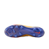 The bottom soleplate of a Nike soccer cleat with translucent blue studs and a red Swoosh logo, shown against a solid black background.