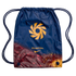 A navy blue Nike Phantom drawstring bag with a gold geometric logo and a maroon and orange speckled gradient design at the bottom.