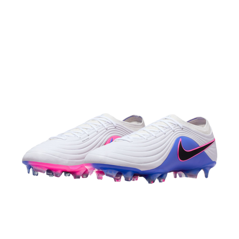 White Nike soccer cleats with blue and pink accents and a black swoosh, displayed against a black background.