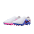 White Nike soccer cleats with blue and pink accents and a black swoosh, displayed against a black background.