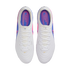 Top-down view of a pair of white soccer cleats with white laces and pink and blue accents. The colorful insoles feature "TIEMPO Maestro" text.