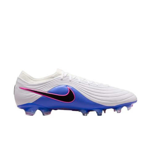 White and blue Nike soccer cleat with a black swoosh outlined in pink, featuring a textured upper and translucent sole, set against a black background.