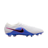 White and blue Nike soccer cleat with a black swoosh outlined in pink, featuring a textured upper and translucent sole, set against a black background.