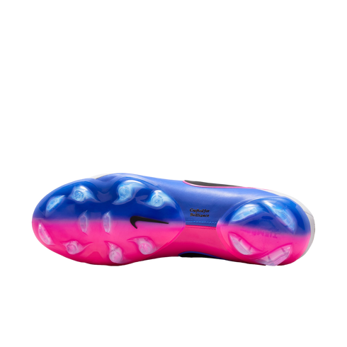 The soleplate of a Nike soccer cleat with a blue and pink gradient, translucent studs, and a small black Nike swoosh.