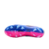 The soleplate of a Nike soccer cleat with a blue and pink gradient, translucent studs, and a small black Nike swoosh.