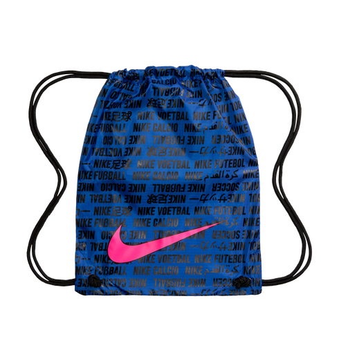 Blue Nike drawstring bag featuring a black repeating text pattern and a large pink swoosh logo on the front.