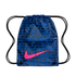 Blue Nike drawstring bag featuring a black repeating text pattern and a large pink swoosh logo on the front.