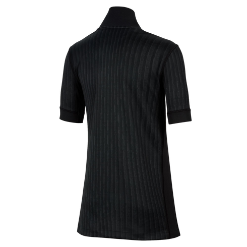 Back view of a black short-sleeved jersey with a subtle vertical rib-knit texture, shown against a solid black background.