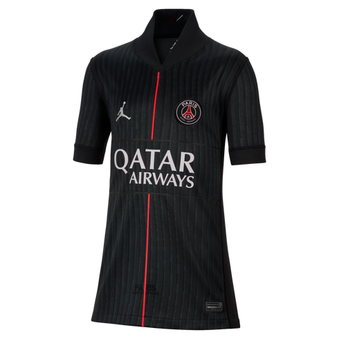 Black Paris Saint-Germain soccer jersey featuring a thin red vertical stripe, Jordan logo, club crest, and white Qatar Airways sponsor logo.