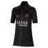 Black Paris Saint-Germain soccer jersey featuring a thin red vertical stripe, Jordan logo, club crest, and white Qatar Airways sponsor logo.