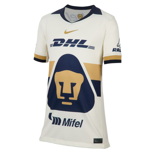 A white Nike Pumas UNAM soccer jersey featuring a large navy and gold puma logo, navy DHL and Mifel sponsor logos, and navy and gold accents on the collar and sleeves.