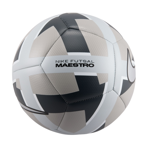 A Nike Futsal Maestro soccer ball with white, grey, and black geometric patterns on a black background.