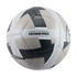 A Nike Futsal Maestro soccer ball with white, grey, and black geometric patterns on a black background.