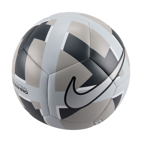 A Nike Futsal Maestro ball featuring a grey, black, and white geometric pattern and a large black swoosh logo.