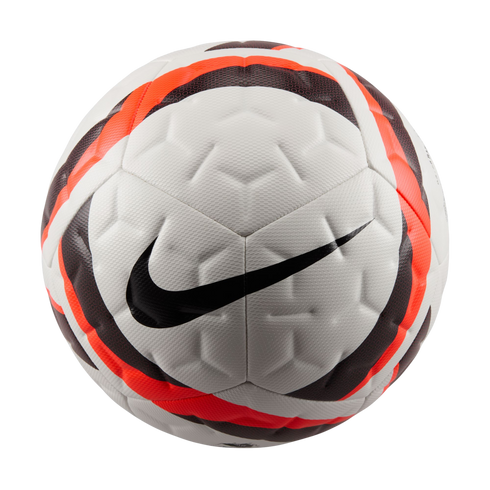 White Nike soccer ball with black and orange graphic patterns and a black swoosh. The ball has a textured geometric surface and is set against a solid black background.