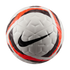 White Nike soccer ball with black and orange graphic patterns and a black swoosh. The ball has a textured geometric surface and is set against a solid black background.