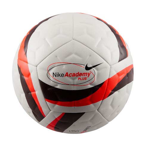 White Nike Academy Plus soccer ball featuring bold red and black graphic stripes and the black Nike swoosh.