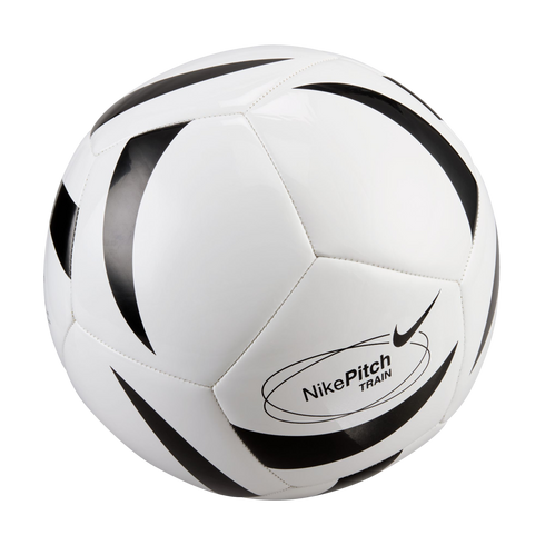 White Nike Pitch training soccer ball with black curved stripe designs, isolated on a black background.
