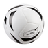 White Nike Pitch training soccer ball with black curved stripe designs, isolated on a black background.