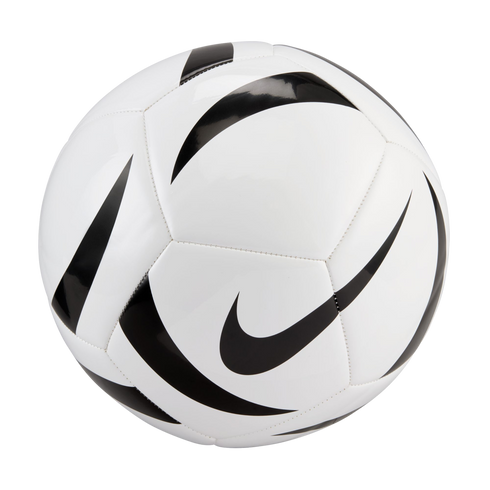 A white Nike soccer ball with black swoosh and curved graphic designs, isolated against a solid black background.