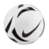 A white Nike soccer ball with black swoosh and curved graphic designs, isolated against a solid black background.
