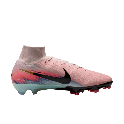 Side profile of a pink Nike Mercurial soccer cleat with a sock collar, featuring a black swoosh, blue and magenta heel accents, and a translucent sole.