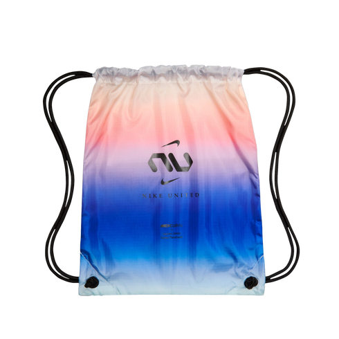 Nike United drawstring bag featuring a peach, purple, and blue color gradient. A black Nike United logo and text are centered on the front.