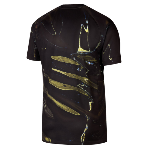 A back view of a black short-sleeved athletic t-shirt featuring an abstract, liquid-like marble pattern in shades of yellow, gold, and blue.