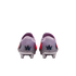 Rear view of lavender soccer cleats with metallic silver soles and a blue stylized logo on each heel, shown against a black background.