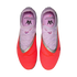 Top-down view of coral and lavender Nike soccer cleats. The lavender insoles feature "Alexia Putellas" text and a stylized logo.