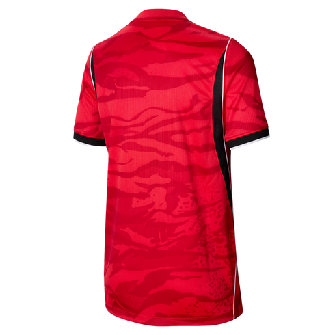 Back view of a red sports jersey with a tonal camouflage pattern. Features black side panels with white piping and striped sleeve cuffs.