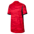 Back view of a red sports jersey with a tonal camouflage pattern. Features black side panels with white piping and striped sleeve cuffs.