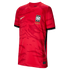 Red South Korea Nike home soccer jersey with a tonal abstract pattern, gold Nike logo, and national team crest on the chest.