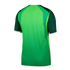 Back view of a bright green short-sleeved athletic jersey with dark patterned shoulders and white cuff bands on a solid black background.