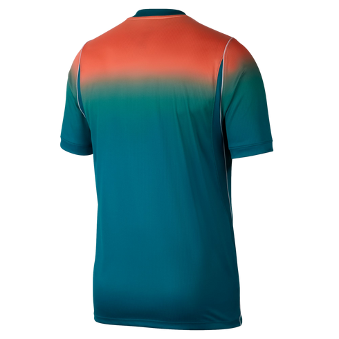 A rear view of a short-sleeved athletic jersey with a color gradient fading from bright orange at the shoulders to deep teal at the bottom, set against a solid black background. Small white piping details are visible along the sides.