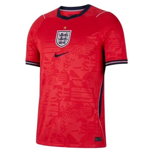Red Nike England national football team away jersey featuring a tonal graphic pattern, central crest, and navy blue trim on the collar and cuffs.