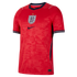 Red Nike England national football team away jersey featuring a tonal graphic pattern, central crest, and navy blue trim on the collar and cuffs.
