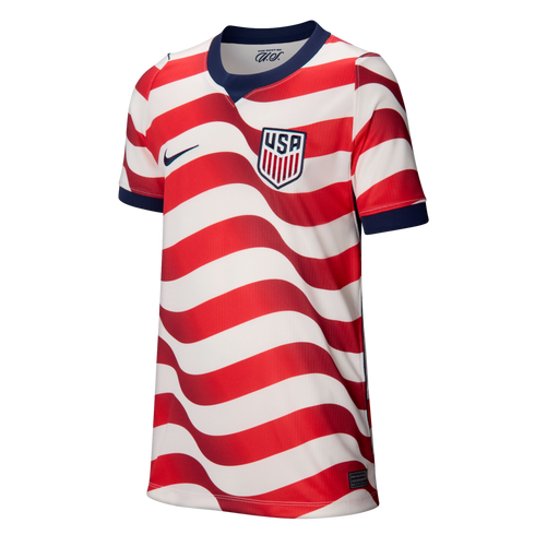 USA soccer jersey featuring red and white wavy horizontal stripes, a dark blue collar and sleeve cuffs, the Nike swoosh, and the USA team crest on the chest.