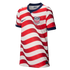 USA soccer jersey featuring red and white wavy horizontal stripes, a dark blue collar and sleeve cuffs, the Nike swoosh, and the USA team crest on the chest.