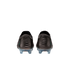 Rear view of black soccer cleats with iridescent accents and translucent blue studs, set against a solid black background.