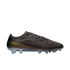 A side view of a dark charcoal Nike soccer cleat featuring iridescent green and gold swooshes and a textured, ribbed upper, set against a solid black background.