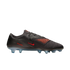 A side view of a dark grey Nike Phantom soccer cleat with red accents and translucent blue studs against a black background.