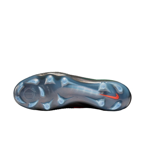 The bottom of a Nike soccer cleat featuring a translucent blue soleplate with studs and a red Nike swoosh logo against a black background.