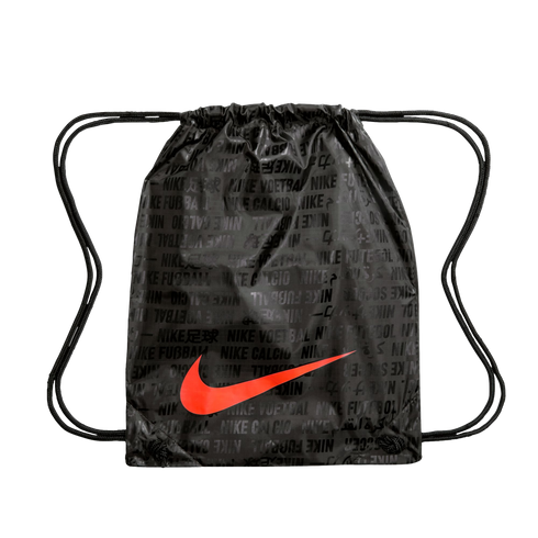 Black Nike drawstring bag with a bright orange swoosh and a tonal repeating print of the word "football" in various languages.