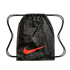 Black Nike drawstring bag with a bright orange swoosh and a tonal repeating print of the word "football" in various languages.
